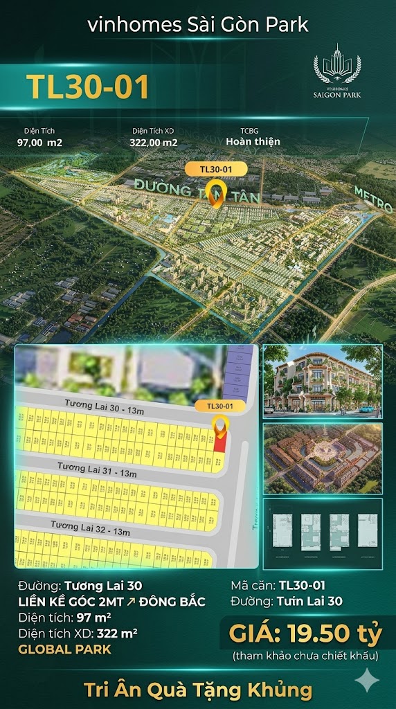 Nhà liền kề góc TL30-01 Global Park Vinhomes Sài Gòn Park Giá 19.5 Tỷ