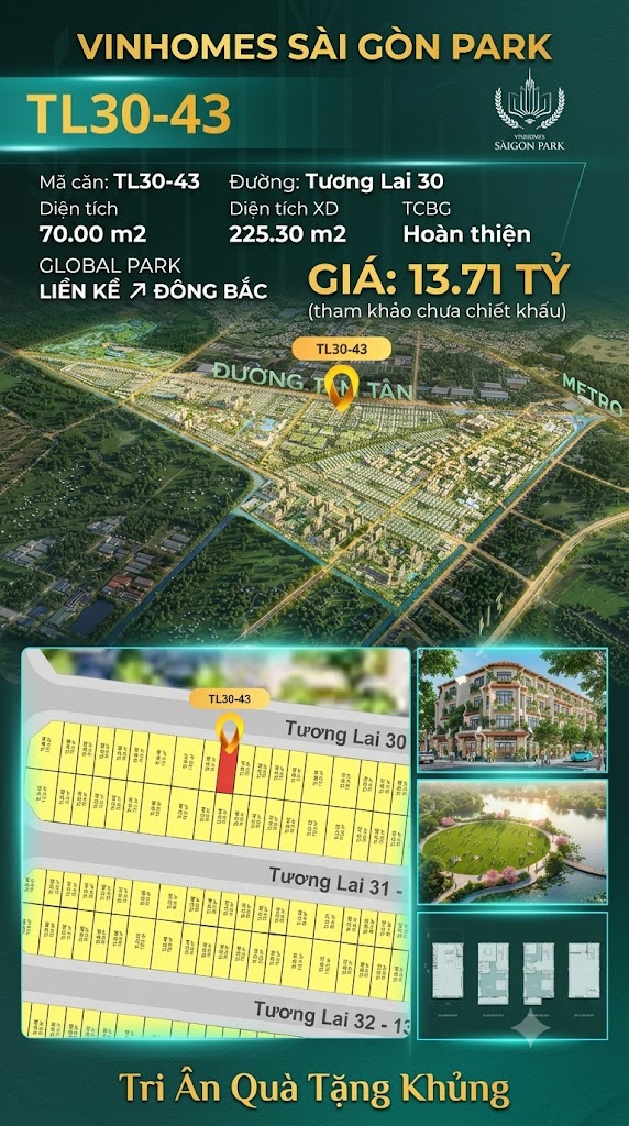 Nhà liền kề TL30-43 Global Park Vinhomes Sài Gòn Park Giá 13.71 Tỷ