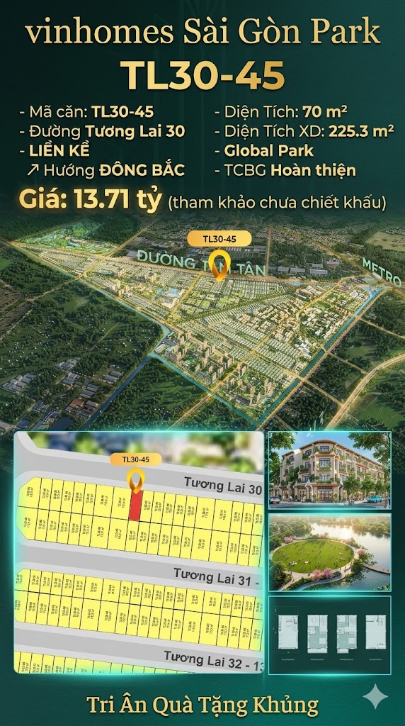 Nhà liền kề TL30-45 Global Park Vinhomes Sài Gòn Park Giá 13.71 Tỷ