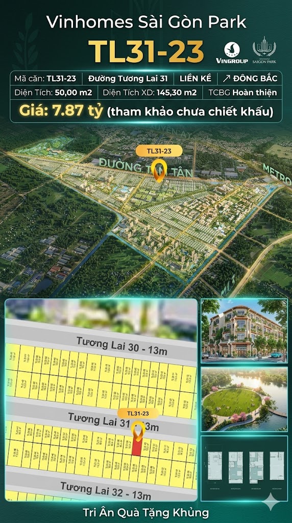 Nhà liền kề TL31-23 Global Park Vinhomes Sài Gòn Park Giá 7.87 Tỷ