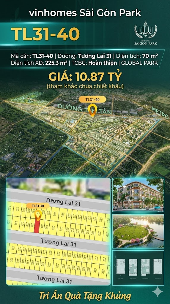 Nhà liền kề TL31-40 Global Park Vinhomes Sài Gòn Park Giá 10.87 Tỷ