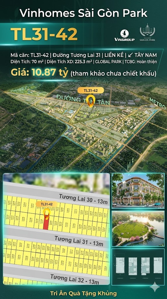 Nhà liền kề TL31-42 Global Park Vinhomes Sài Gòn Park Giá 10.87 Tỷ
