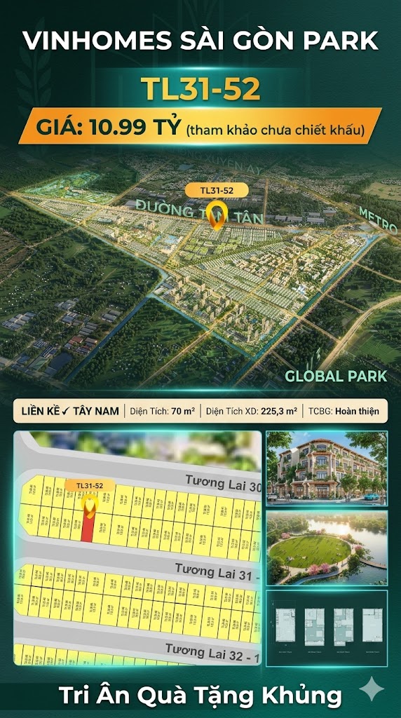 Nhà liền kề TL31-52 Global Park Vinhomes Sài Gòn Park Giá 10.99 Tỷ