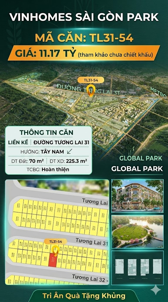Nhà liền kề TL31-54 Global Park Vinhomes Sài Gòn Park Giá 11.17 Tỷ