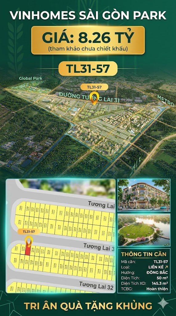 Nhà liền kề TL31-57 Global Park Vinhomes Sài Gòn Park Giá 8.62 Tỷ