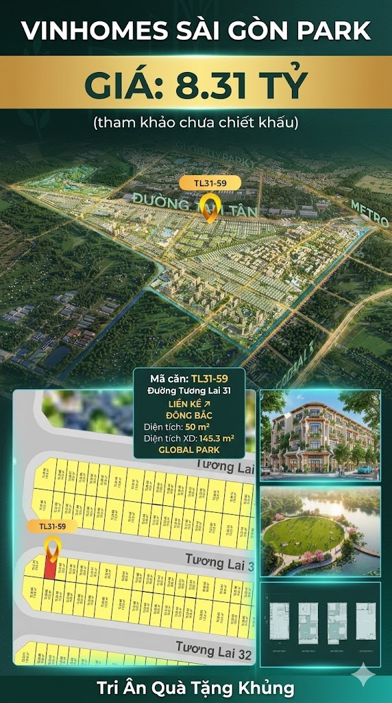 Nhà liền kề TL31-59 Global Park Vinhomes Sài Gòn Park Giá 8.31 Tỷ