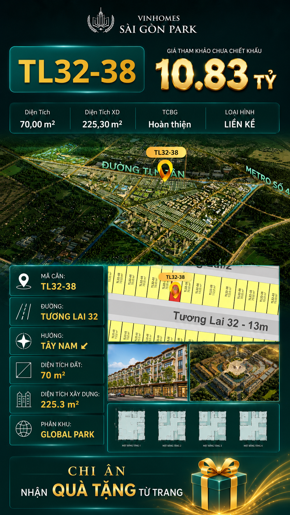 Nhà liền kề TL32-38 Global Park Vinhomes Sài Gòn Park Giá 10.83 Tỷ