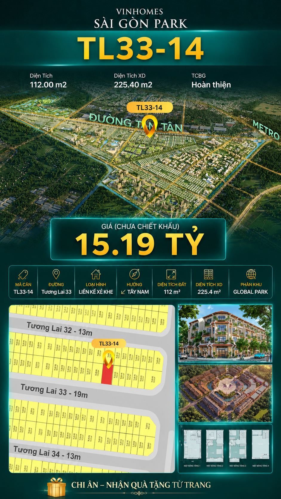 Nhà liền kề xẻ khe TL33-14 Global Park Vinhomes Sài Gòn Park Giá 15.19 Tỷ
