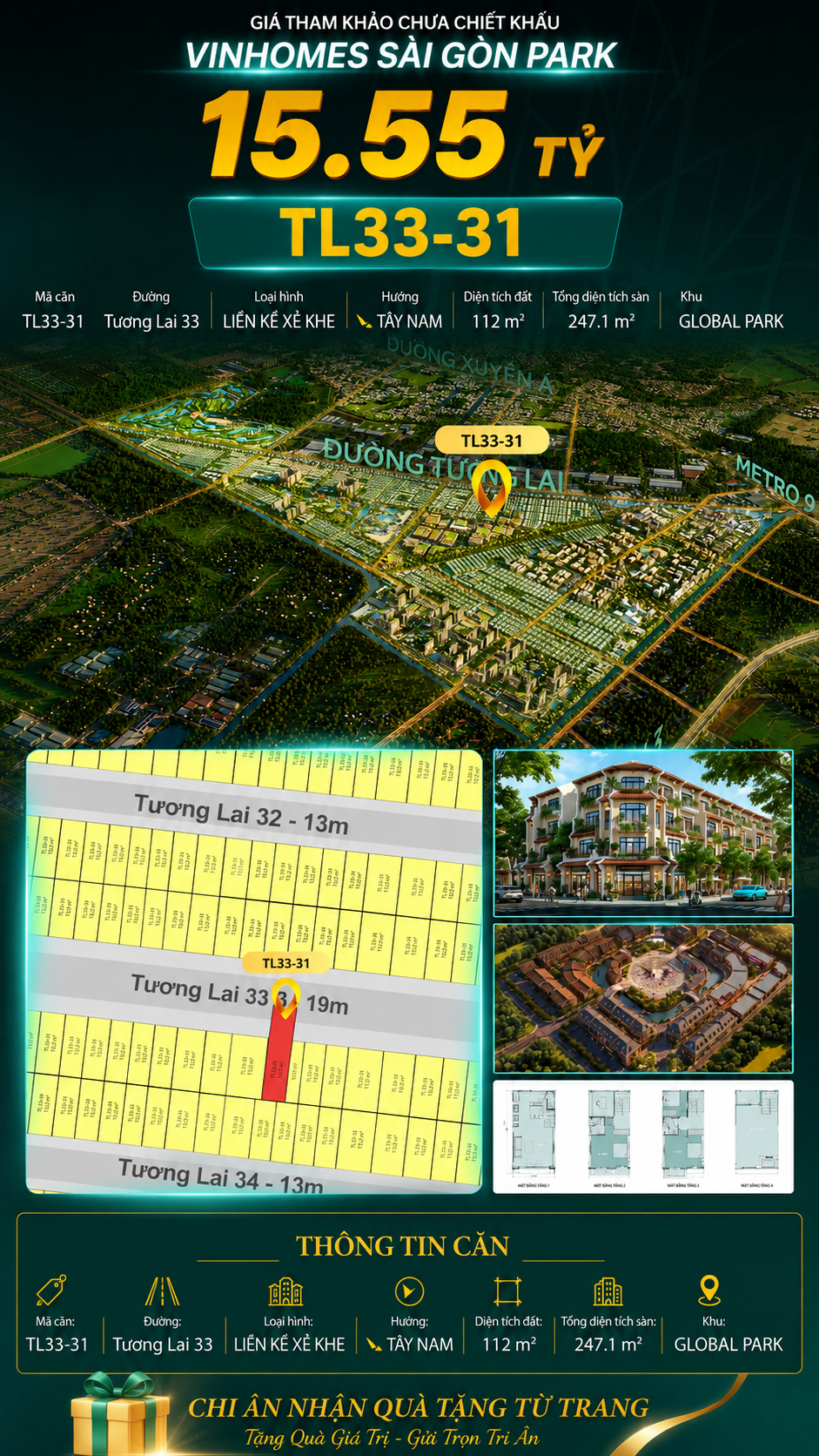 Nhà liền kề xẻ khe TL33-31 Global Park Vinhomes Sài Gòn Park Giá 15.55 Tỷ
