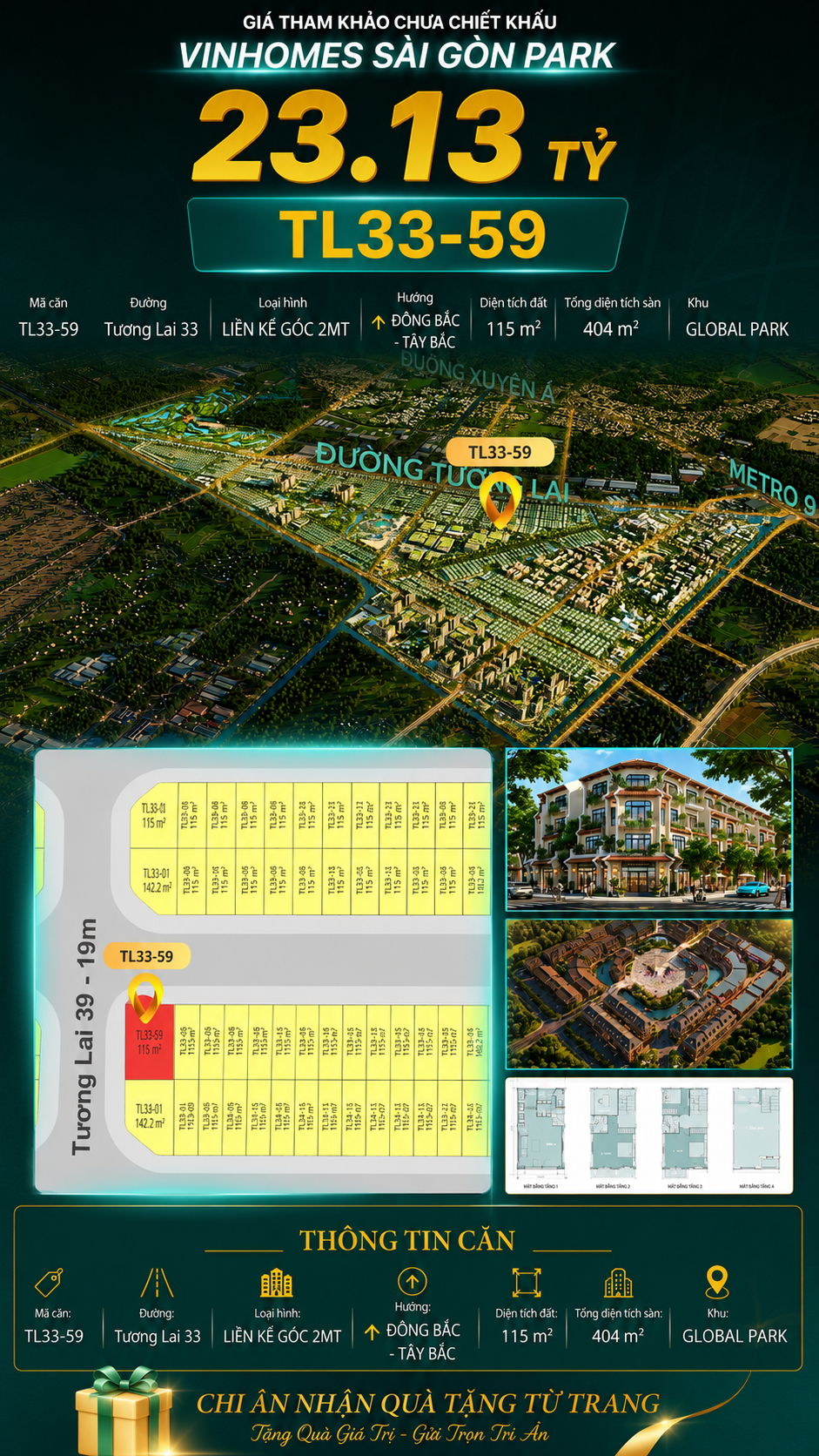 Nhà liền kề góc TL33-59 Global Park Vinhomes Sài Gòn Park Giá 23.13 Tỷ