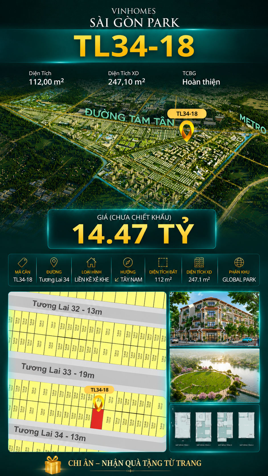 Nhà liền kề xẻ khe TL34-18 Global Park Vinhomes Sài Gòn Park Giá 14.47 Tỷ