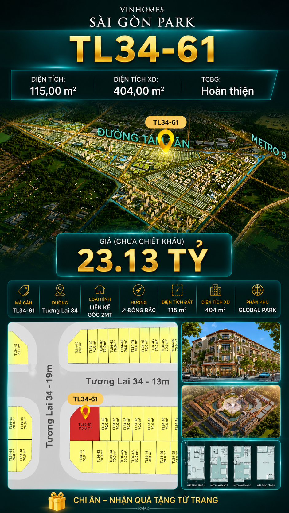 Nhà liền kề góc TL34-61 Global Park Vinhomes Sài Gòn Park Giá 23.13 Tỷ