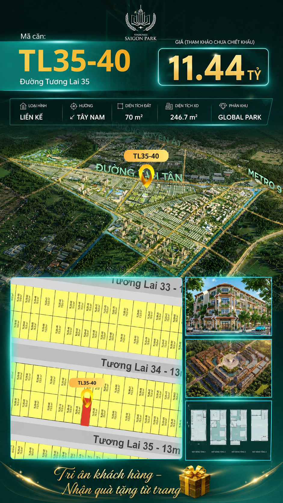 Nhà liền kề TL35-40 Global Park Vinhomes Sài Gòn Park Giá 11.44 Tỷ