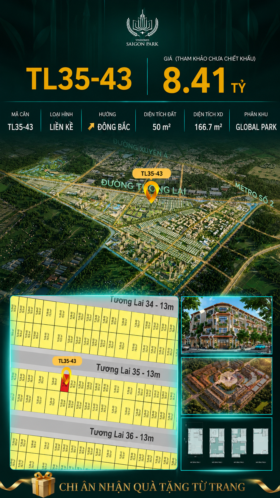 Nhà liền kề TL35-43 Global Park Vinhomes Sài Gòn Park Giá 8.41 Tỷ