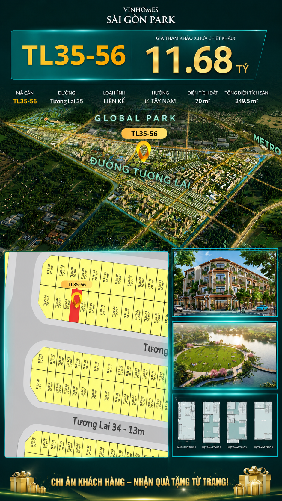 Nhà liền kề TL35-56 Global Park Vinhomes Sài Gòn Park Giá 11.68 Tỷ