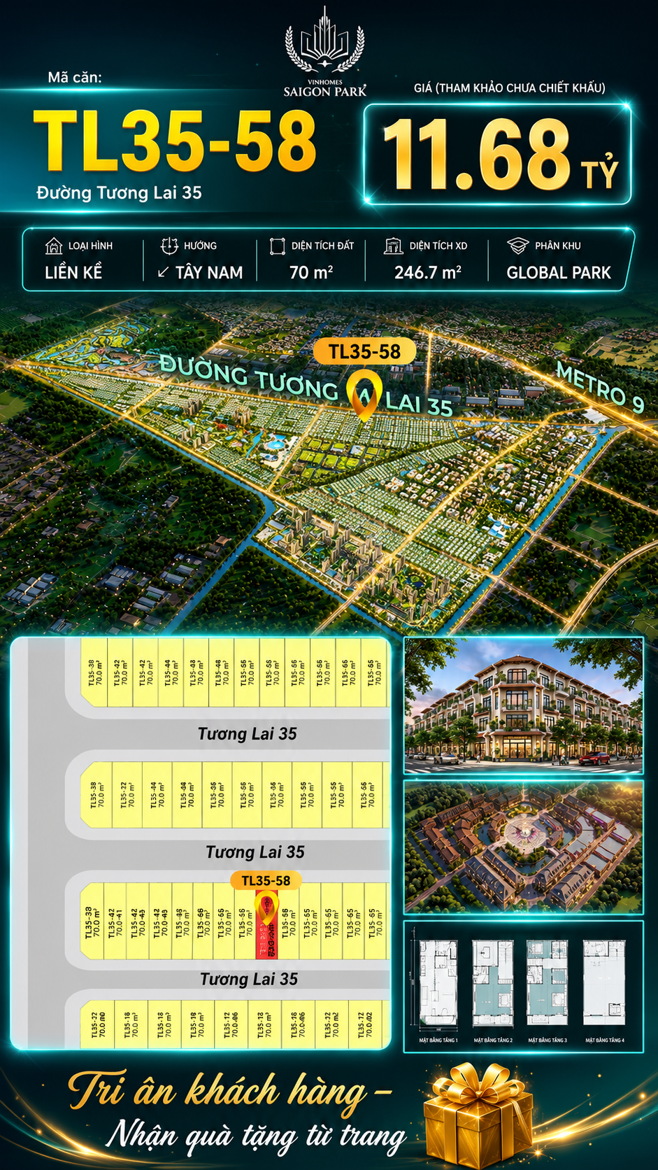Nhà liền kề TL35-58 Global Park Vinhomes Sài Gòn Park Giá 11.68 Tỷ