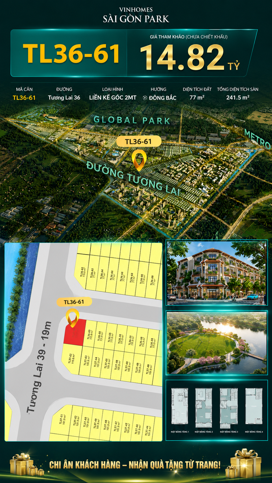 Nhà liền kề góc TL36-61 Global Park Vinhomes Sài Gòn Park Giá 14.82 Tỷ