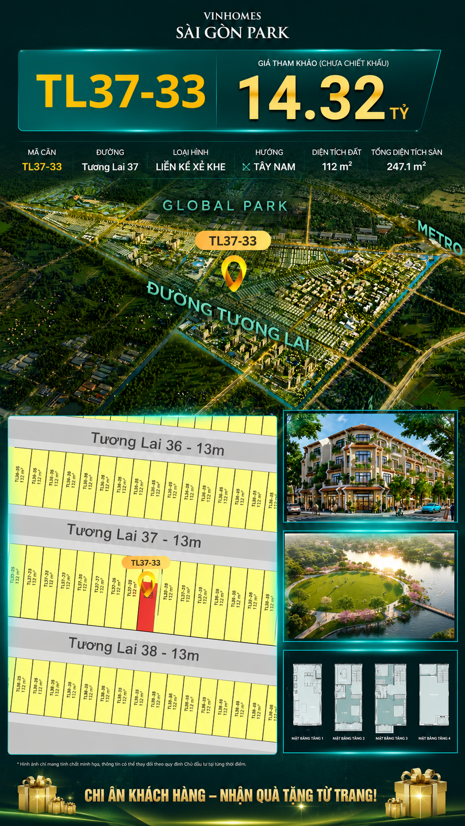 Nhà liền kề xẻ khe TL37-33 Global Park Vinhomes Sài Gòn Park Giá 14.32 Tỷ