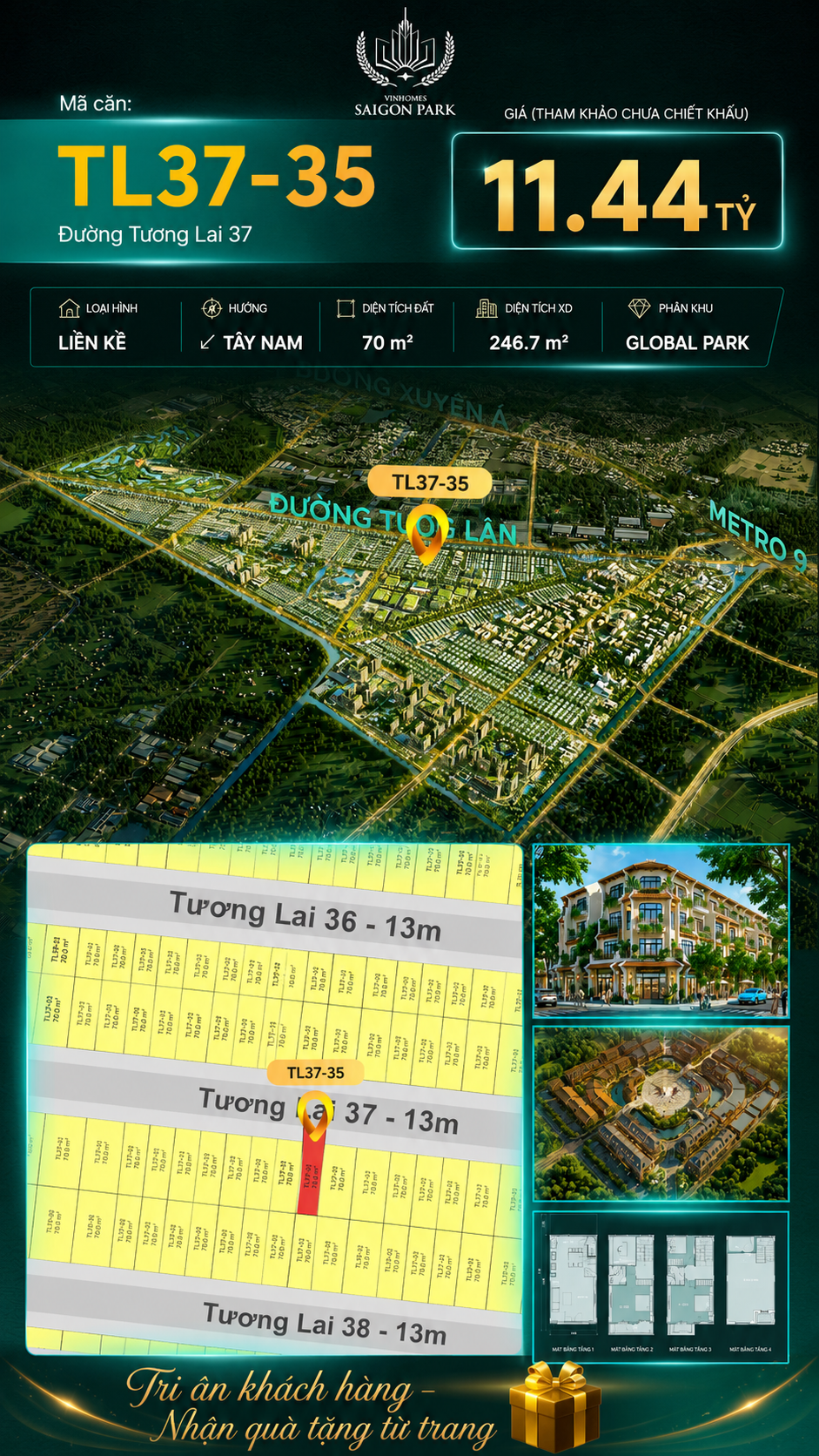 Nhà liền kề TL37-35 Global Park Vinhomes Sài Gòn Park Giá 11.44 Tỷ