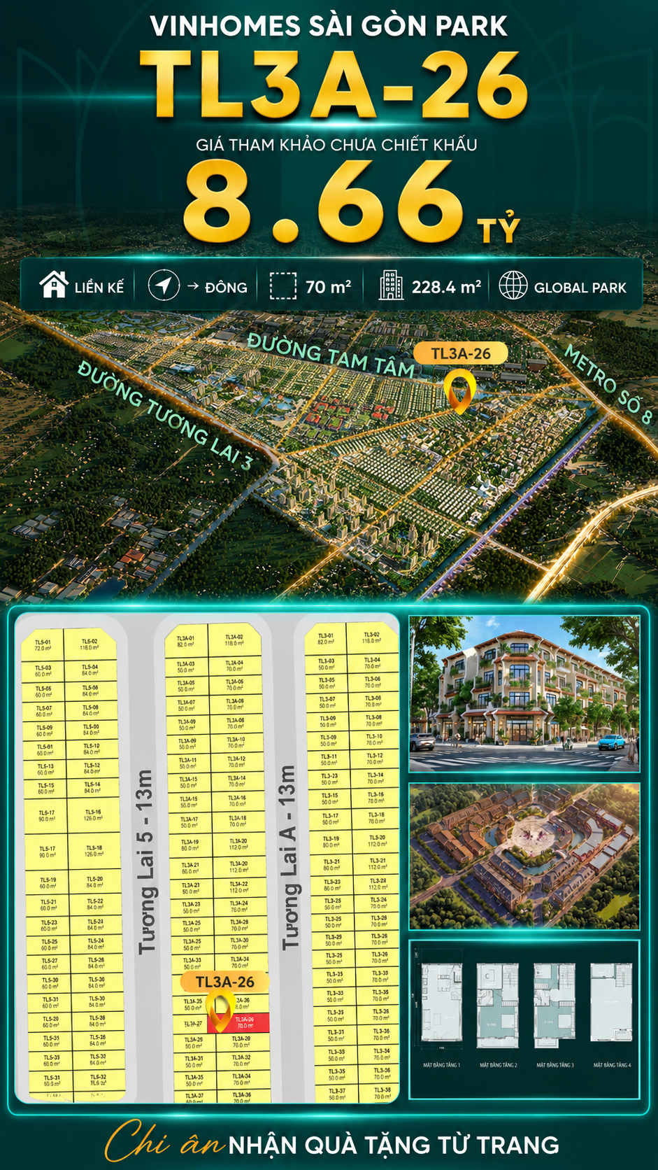 Nhà phố liền kề TL3A-26 GLOBAL PARK Vinhomes Sài Gòn Park Giá 8.66 Tỷ