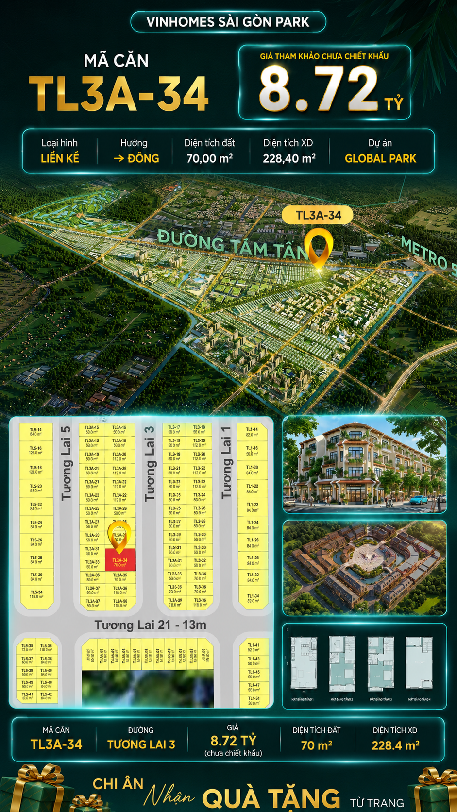 Nhà phố liền kề TL3A-34 GLOBAL PARK Vinhomes Sài Gòn Park Giá 8.72 Tỷ