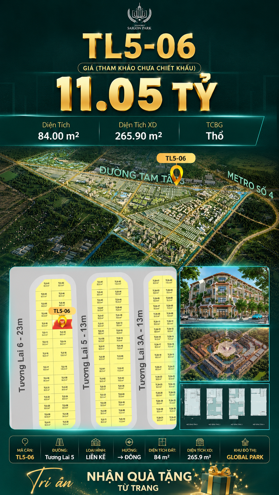 Nhà phố liền kề TL5-06 GLOBAL PARK Vinhomes Sài Gòn Park Giá 11.05 Tỷ