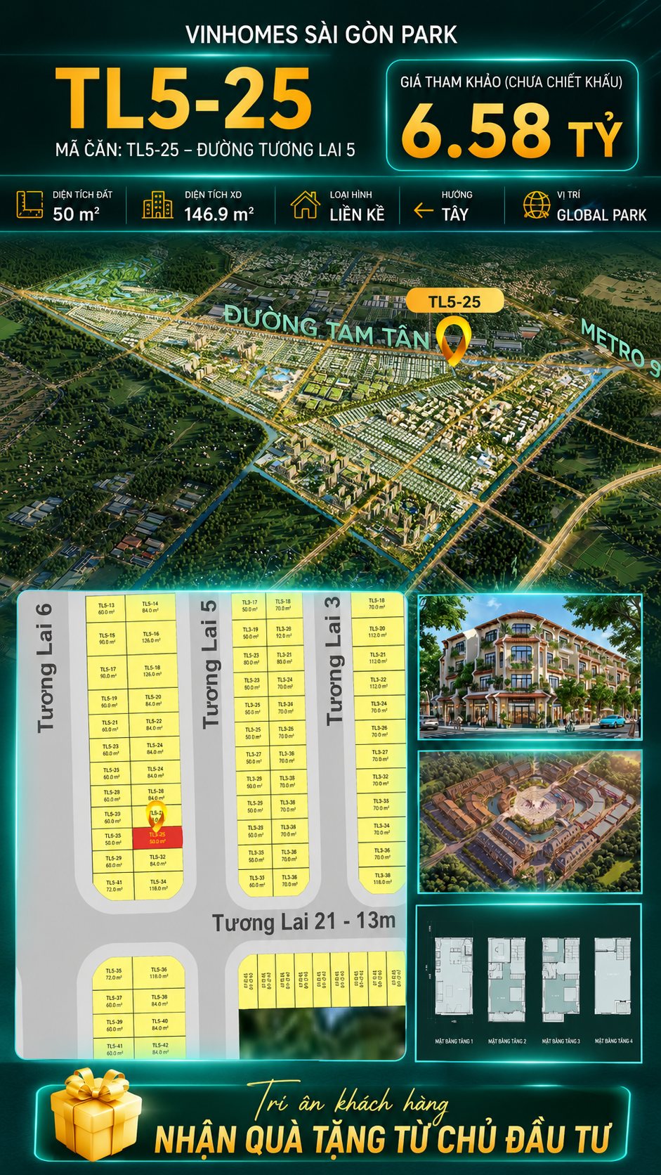 Nhà phố liền kề TL5-25 GLOBAL PARK Vinhomes Sài Gòn Park Giá 6.58 Tỷ