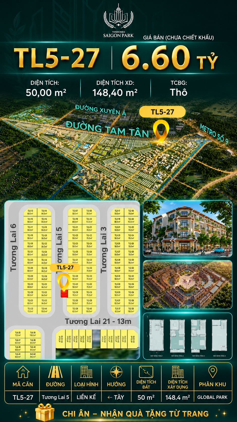 Nhà phố liền kề TL5-27 GLOBAL PARK Vinhomes Sài Gòn Park Giá 6.60 Tỷ