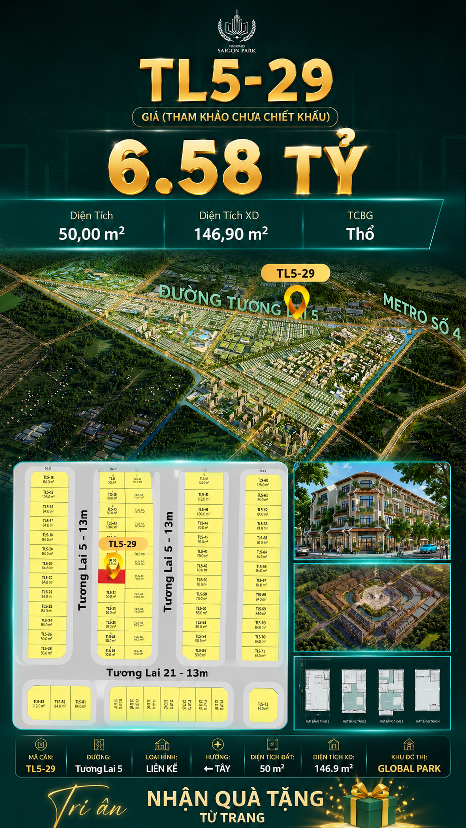 Nhà phố liền kề TL5-29 GLOBAL PARK Vinhomes Sài Gòn Park Giá 6.58 Tỷ