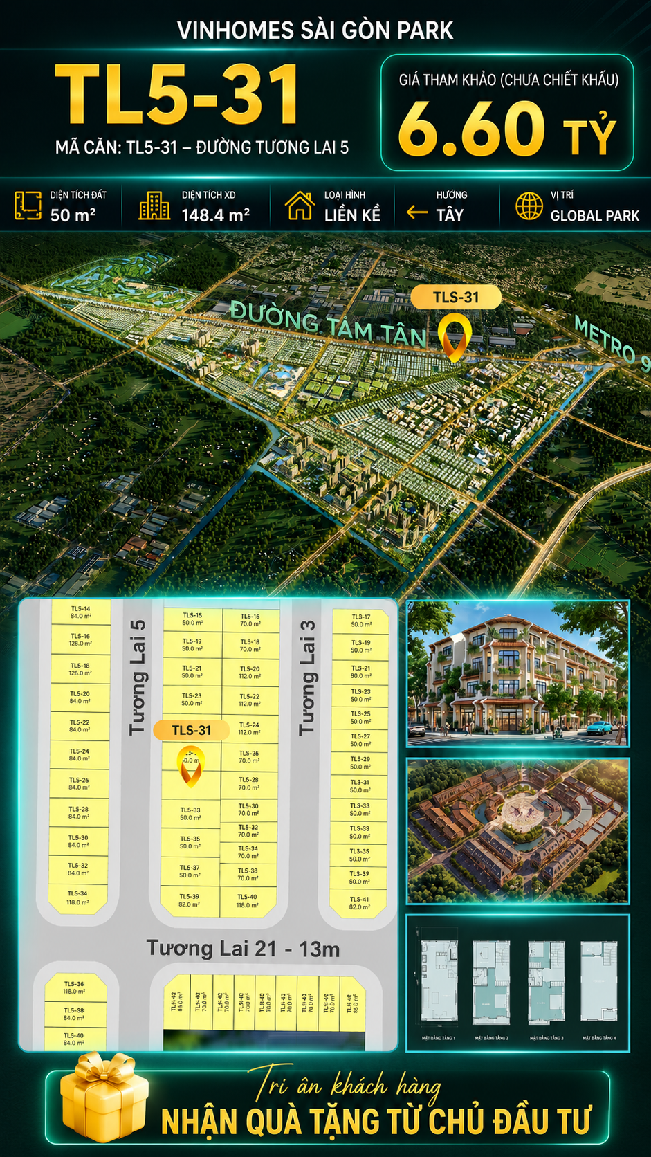 Nhà phố liền kề TL5-31 GLOBAL PARK Vinhomes Sài Gòn Park Giá 6.60 Tỷ
