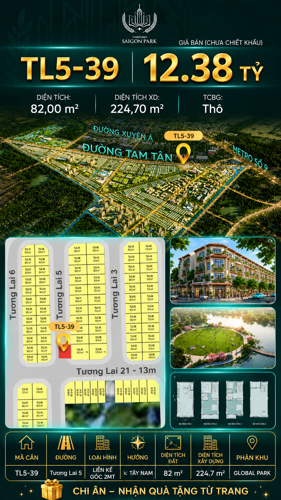 Nhà phố liền kề Góc TL5-39 GLOBAL PARK Vinhomes Sài Gòn Park Giá 12.38 Tỷ