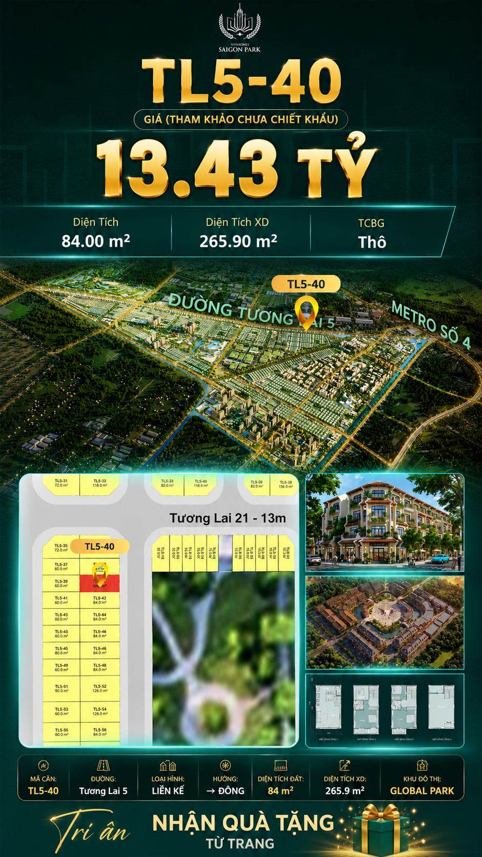 Nhà phố liền kề TL5-40 GLOBAL PARK Vinhomes Sài Gòn Park Giá 13.43 Tỷ