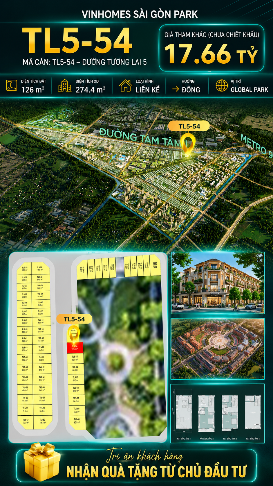 Nhà phố liền kề TL5-54 GLOBAL PARK Vinhomes Sài Gòn Park Giá 17.66 Tỷ
