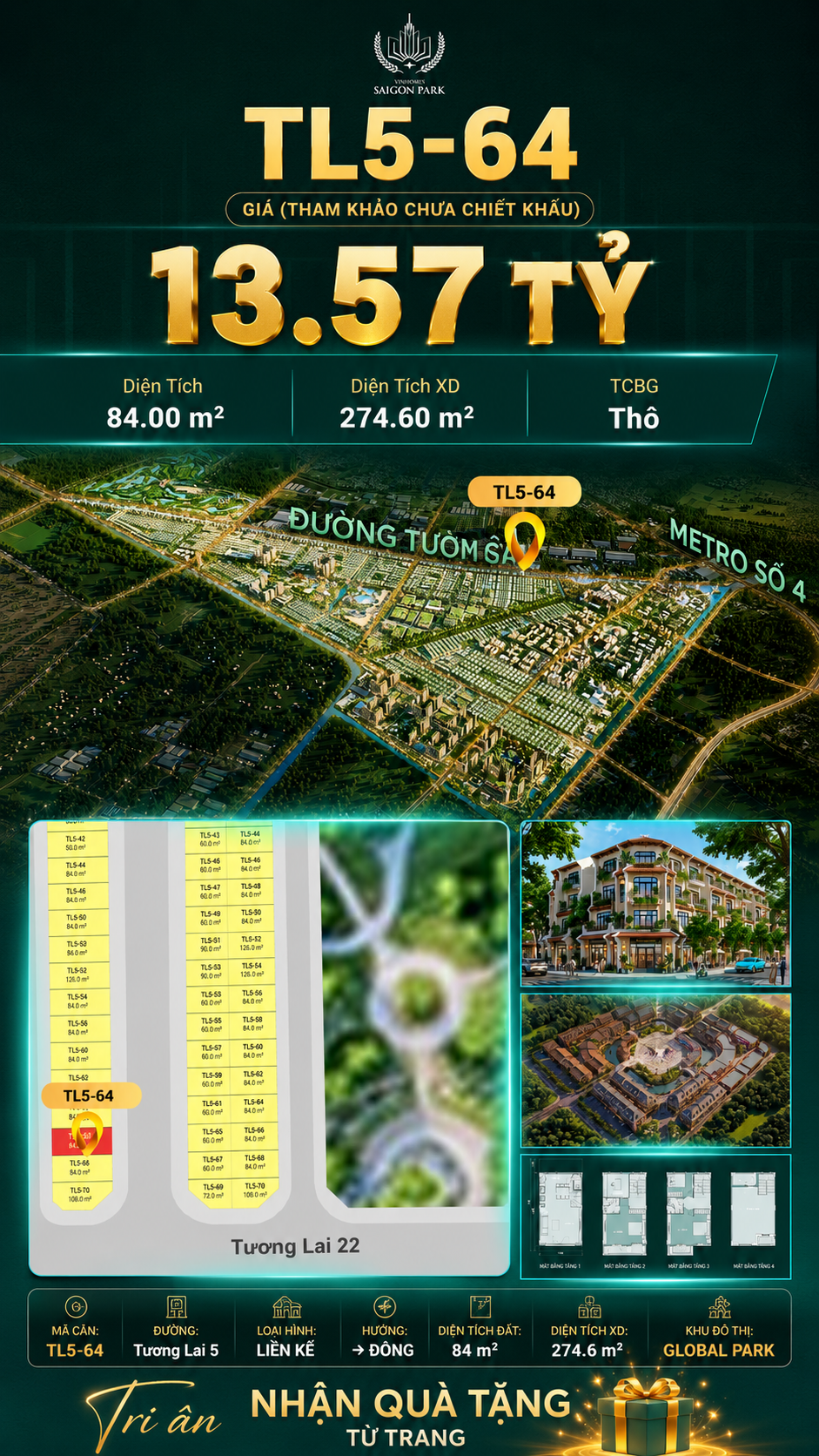 Nhà phố liền kề TL5-64 GLOBAL PARK Vinhomes Sài Gòn Park Giá 13.57 Tỷ