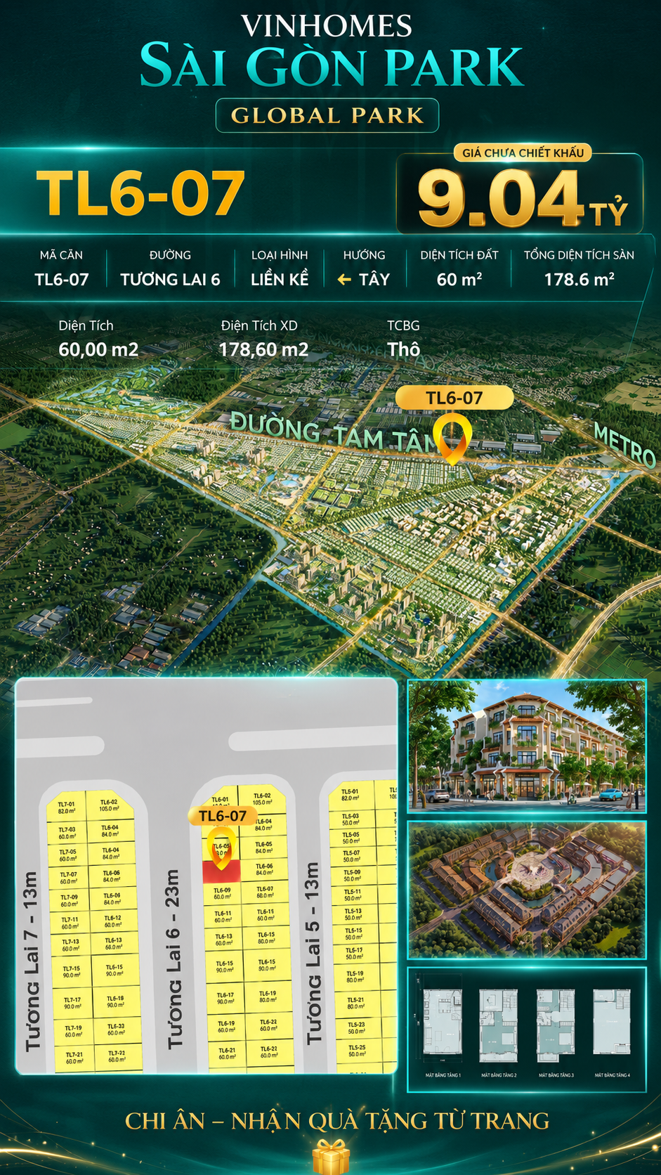 Nhà phố liền kề TL6-07 GLOBAL PARK Vinhomes Sài Gòn Park Giá 9.04 Tỷ