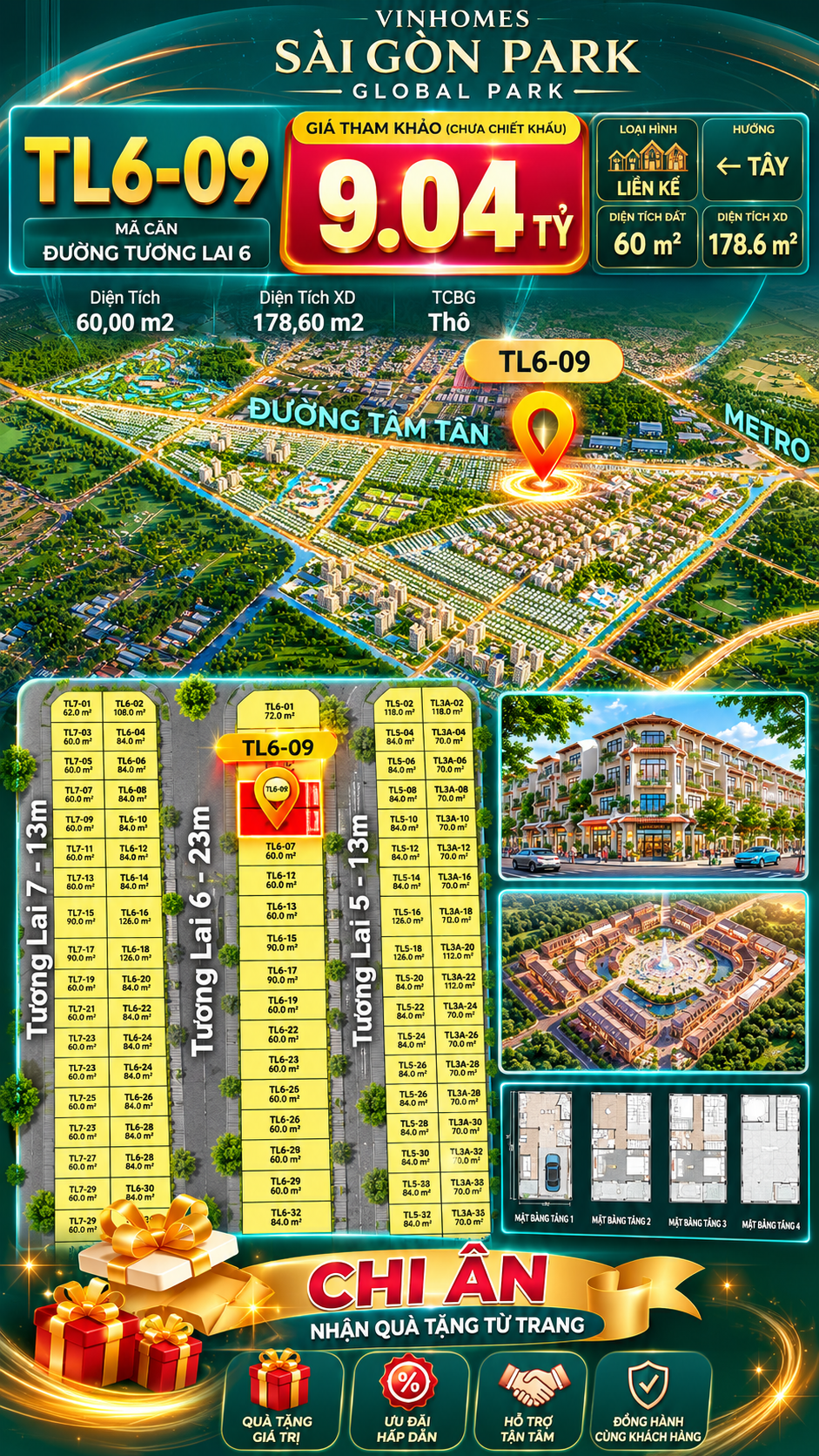 Nhà phố liền kề TL6-09 GLOBAL PARK Vinhomes Sài Gòn Park Giá 9.04 Tỷ