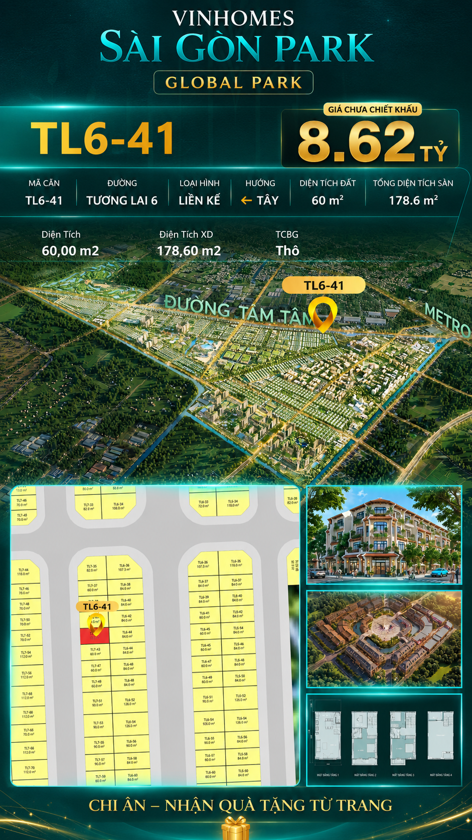 Nhà phố liền kề TL6-41 GLOBAL PARK Vinhomes Sài Gòn Park Giá 8.62 Tỷ