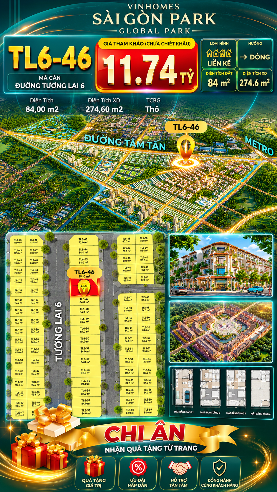 Nhà phố liền kề TL6-46 GLOBAL PARK Vinhomes Sài Gòn Park Giá 11.74 Tỷ