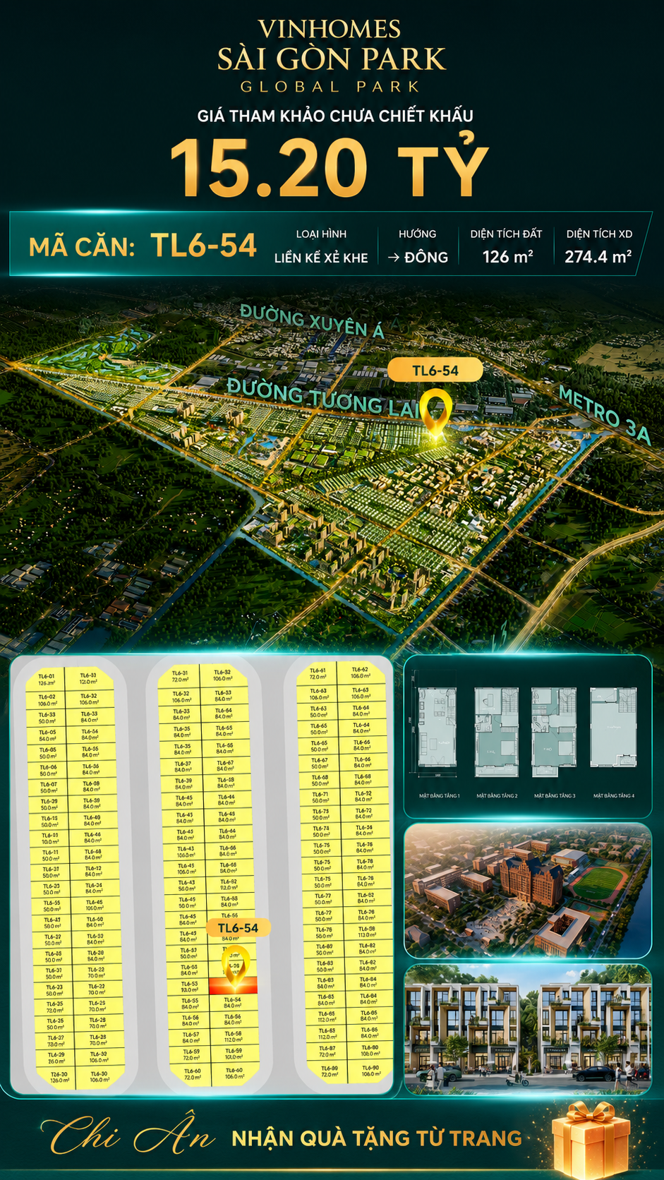 Nhà phố liền kề TL6-54 GLOBAL PARK Vinhomes Sài Gòn Park Giá 15.20 Tỷ