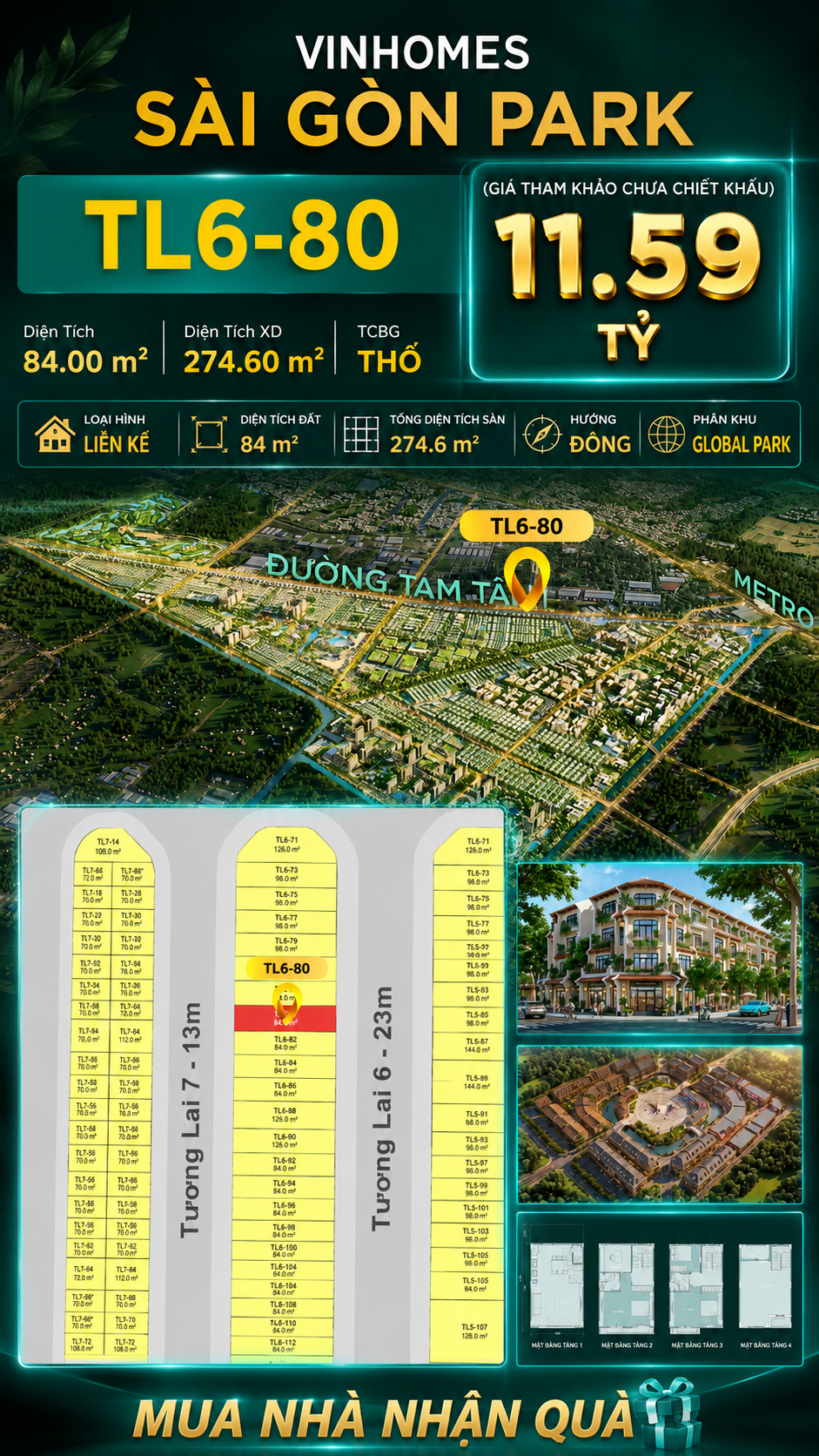 Nhà phố Vinhomes Sài Gòn Park TL6-80 giá 11.59 tỷ