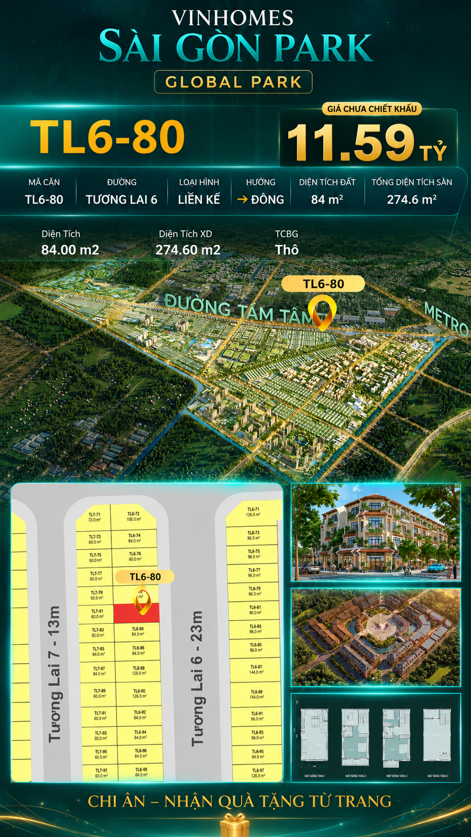 Nhà phố liền kề TL6-80 GLOBAL PARK Vinhomes Sài Gòn Park Giá 11.59 Tỷ