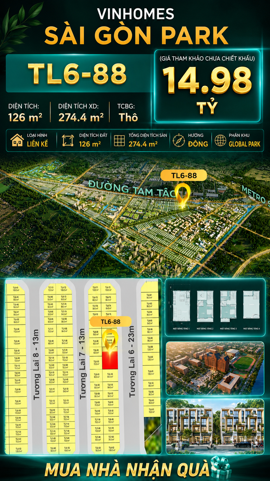 Nhà phố Vinhomes Sài Gòn Park TL6-88 PK Global Park giá 14.98 tỷ