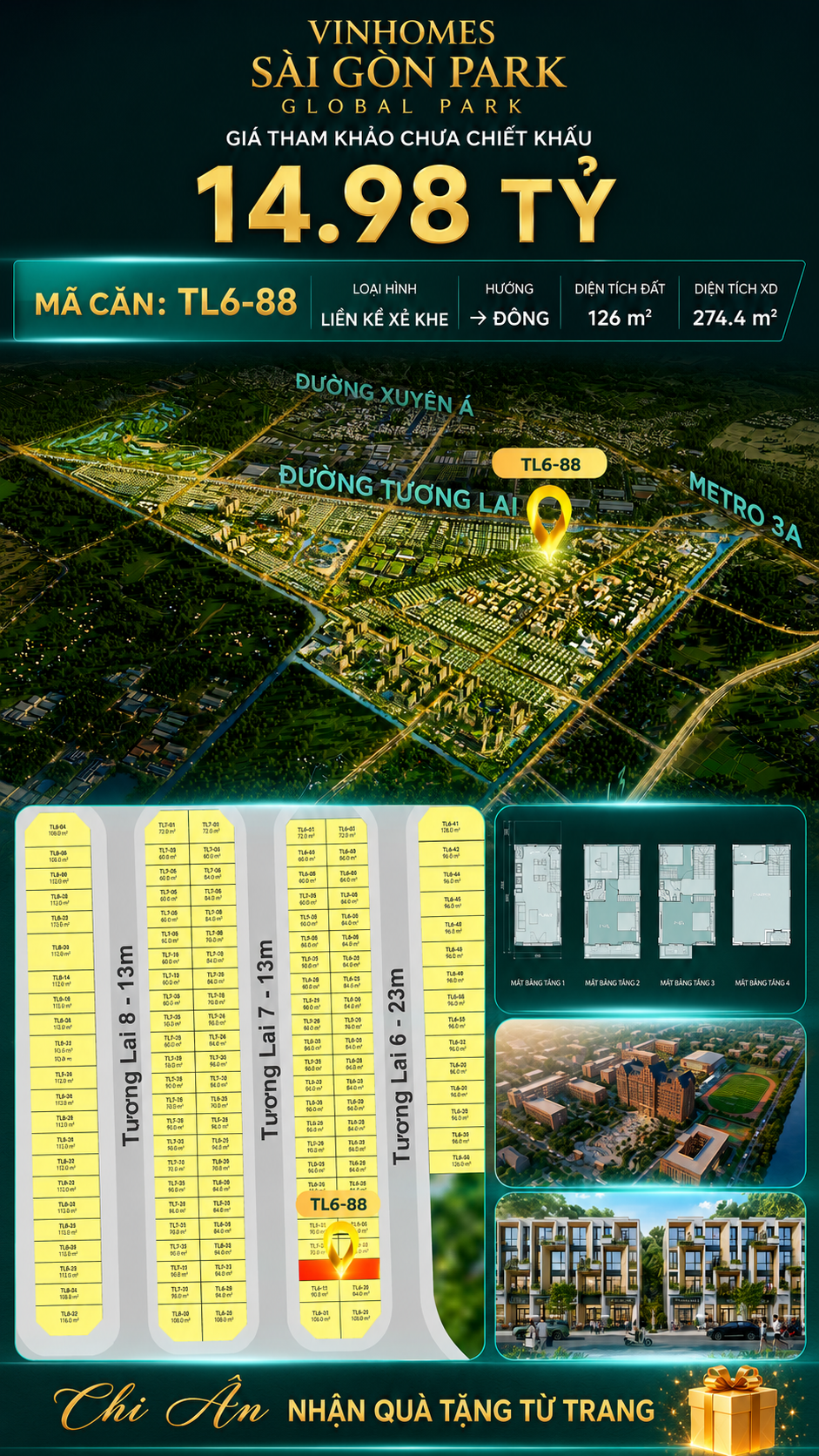 Nhà phố liền kề TL6-88 GLOBAL PARK Vinhomes Sài Gòn Park Giá 14.98 Tỷ