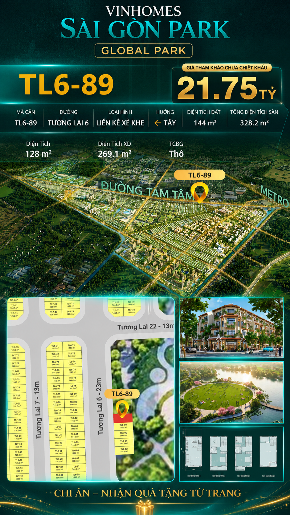 Nhà phố liền kề xẻ khe TL6-89 GLOBAL PARK Vinhomes Sài Gòn Park Giá 21.75 Tỷ