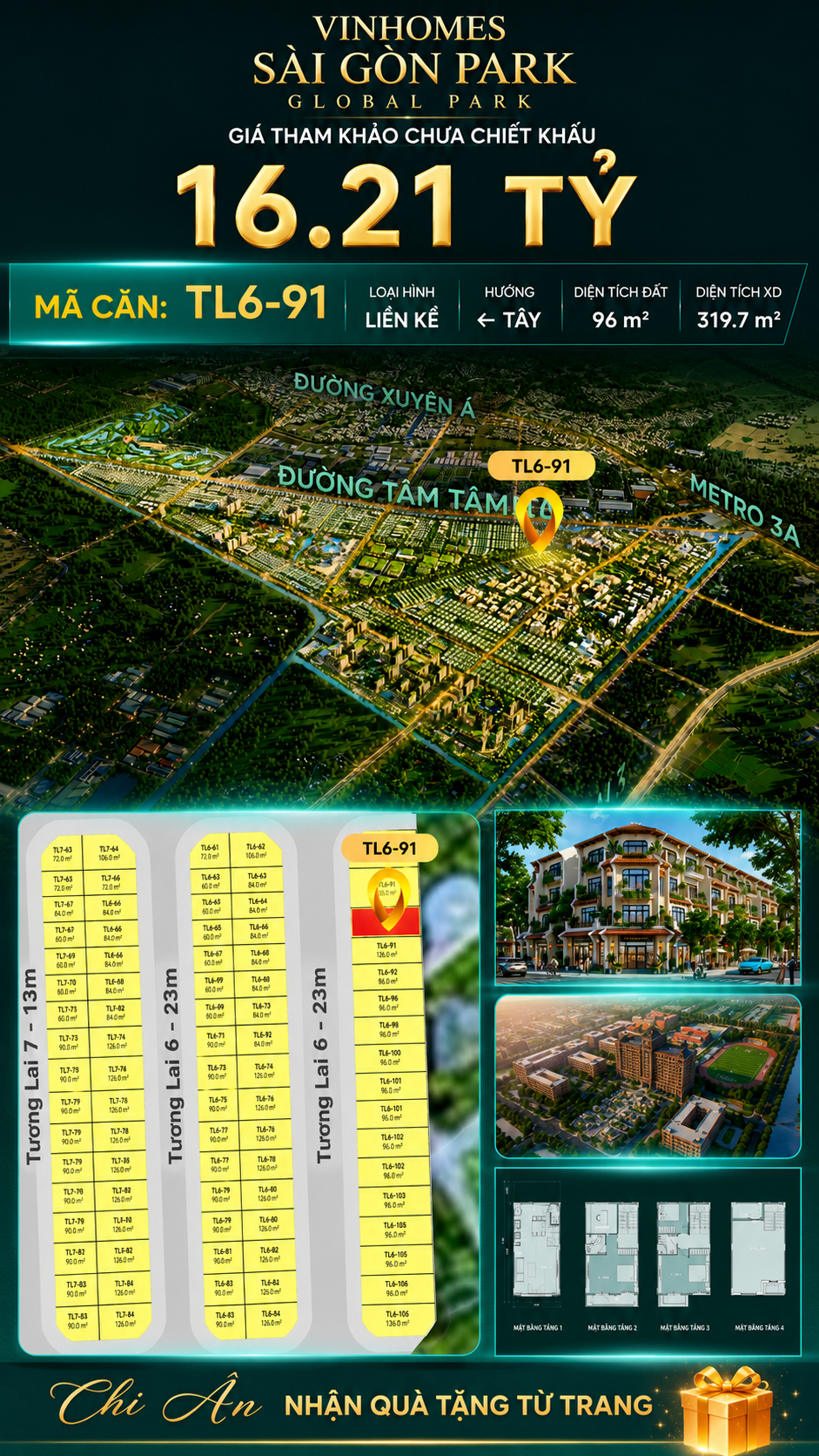 Nhà phố liền kề TL6-91 GLOBAL PARK Vinhomes Sài Gòn Park Giá 16.21 Tỷ
