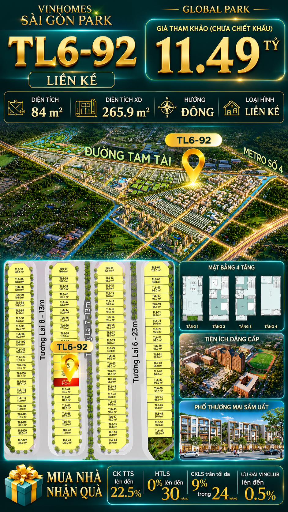 Nhà phố Vinhomes Sài Gòn Park TL6-92 PK Global Park giá 11.49 tỷ