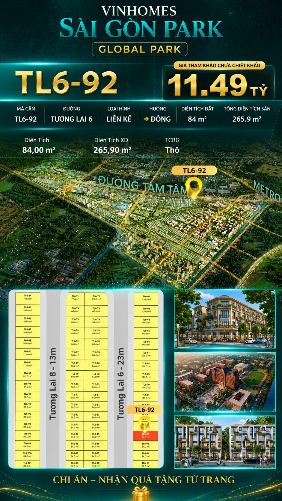 Nhà phố liền kề TL6-92 GLOBAL PARK Vinhomes Sài Gòn Park Giá 11.49 Tỷ