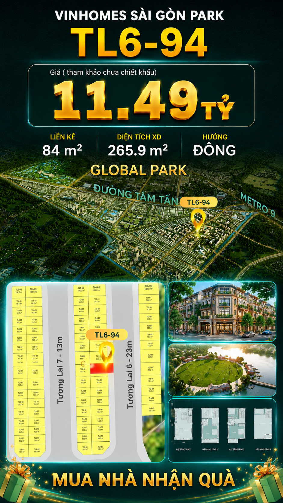 Nhà phố Vinhomes Sài Gòn Park TL6-94 PK Global Park giá 11.49 tỷ
