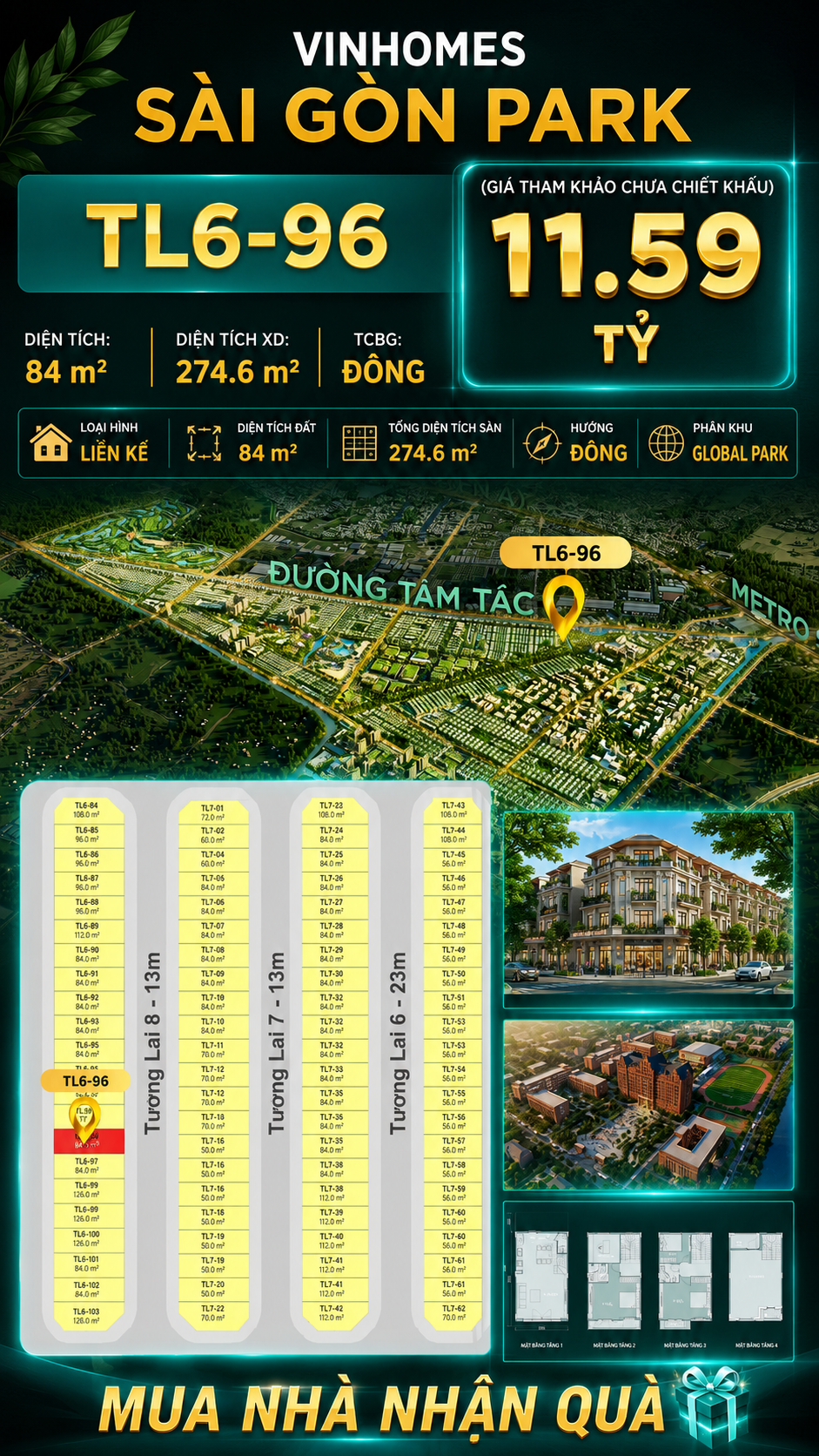 Nhà phố Vinhomes Sài Gòn Park TL6-96 PK Global Park giá 11.59 tỷ