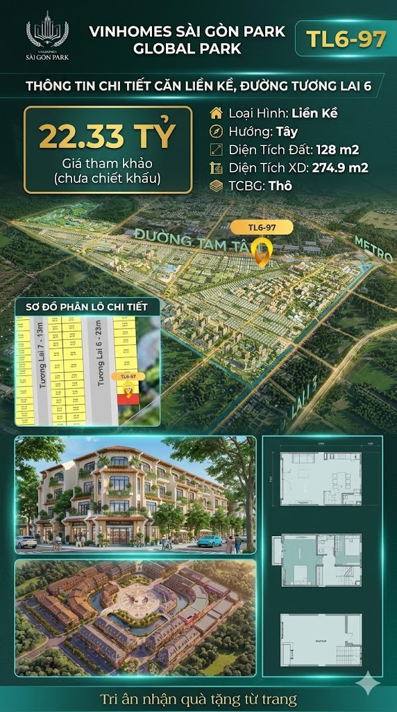 Nhà phố liền kề góc TL6-97 GLOBAL PARK Vinhomes Sài Gòn Park Giá 22.33 Tỷ